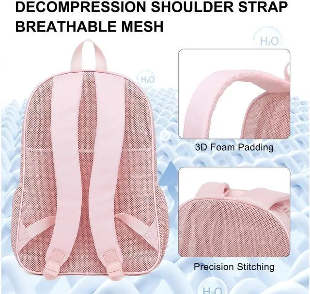 Alt view image 5 of 6 - Light Pink Mesh Backpack for Girls Boys, Heavy Duty School Bookbag Womens Semi-Transparent Net Back Pack for Work Travel Beach