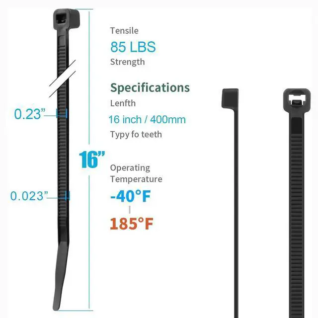 Alt view image 2 of 6 - 16 Inch Black Zip Ties 1500 PCS, 85 LBS Tensile Strength, UV Resistant Cable Ties, Premium Self-locking Plastic Ties for Indoor and Outdoor Use