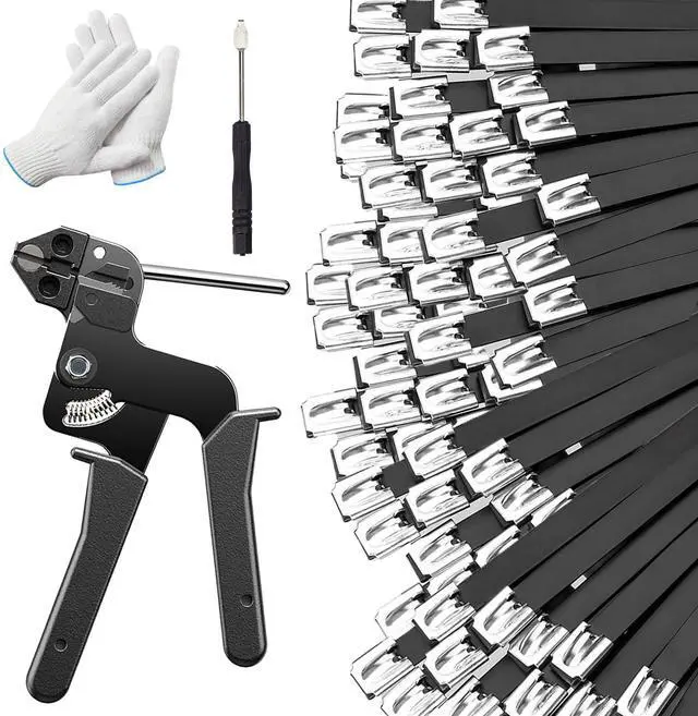 Main image of 300PCS 11.8Inch 304 Steel CableTies Kit with Gun, Screwdriver & Gloves | Highstrength 304steel zip ties provide longlasting secure fastening for outdoorfence installations
