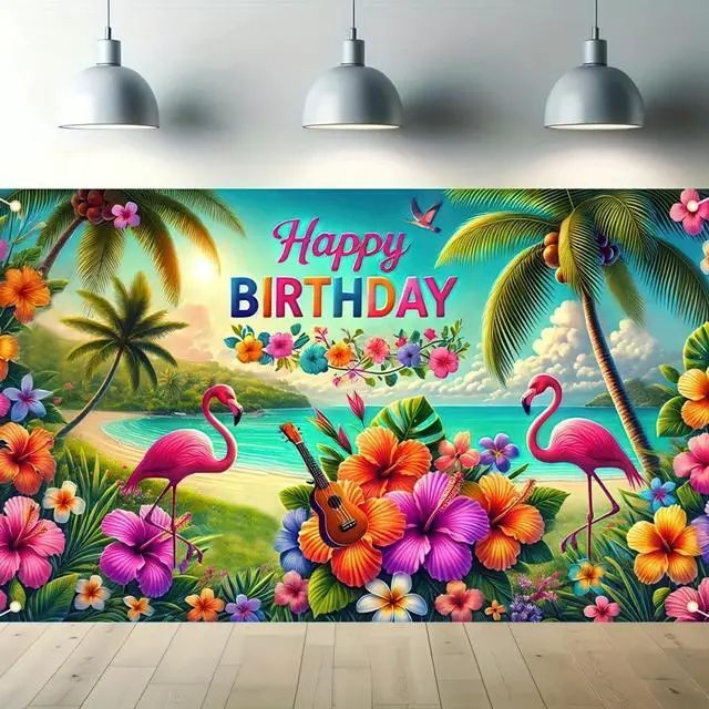 Alt view image 2 of 5 - Hawaiian Birthday Banner Hawaiian Party Decorations 71x43 Inch | Tropical Backdrop Luau Banner Happy Birthday Sign Beach Theme Background Happy Backdrop for Celebration Party Decor Island