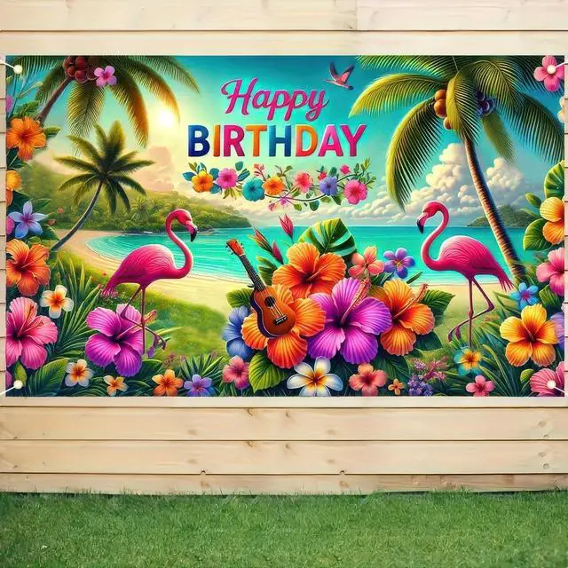 Alt view image 4 of 5 - Hawaiian Birthday Banner Hawaiian Party Decorations 71x43 Inch | Tropical Backdrop Luau Banner Happy Birthday Sign Beach Theme Background Happy Backdrop for Celebration Party Decor Island