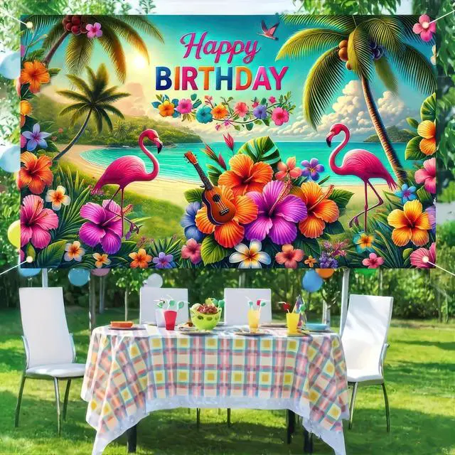 Alt view image 3 of 5 - Hawaiian Birthday Banner Hawaiian Party Decorations 71x43 Inch | Tropical Backdrop Luau Banner Happy Birthday Sign Beach Theme Background Happy Backdrop for Celebration Party Decor Island