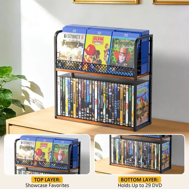 Alt view image 2 of 6 - 2-Tier DVD Storage Rack, DVD Shelf, DVD Holder Organizer with Display Top Shelf & Non-slip Pads, Stores Up to 56 DVDs, Retro DVD Stand Tower for Music Enthusiasts, Collection