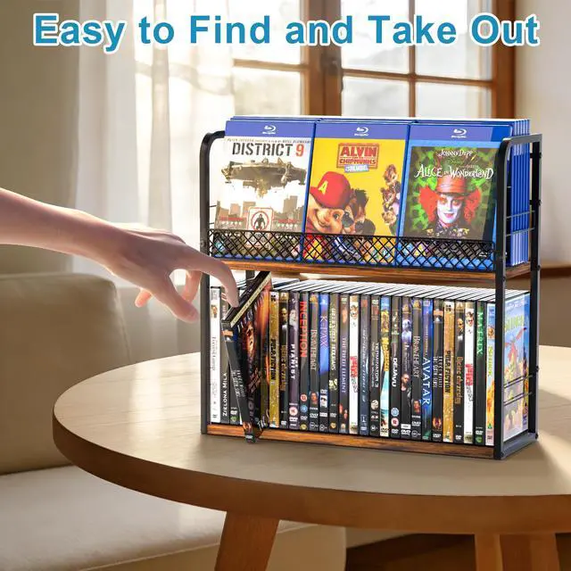 Alt view image 3 of 6 - 2-Tier DVD Storage Rack, DVD Shelf, DVD Holder Organizer with Display Top Shelf & Non-slip Pads, Stores Up to 56 DVDs, Retro DVD Stand Tower for Music Enthusiasts, Collection