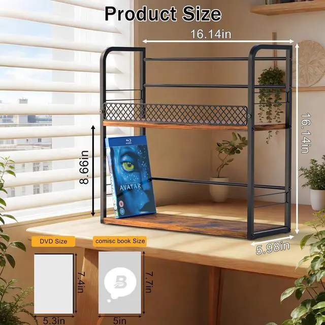 Alt view image 4 of 6 - 2-Tier DVD Storage Rack, DVD Shelf, DVD Holder Organizer with Display Top Shelf & Non-slip Pads, Stores Up to 56 DVDs, Retro DVD Stand Tower for Music Enthusiasts, Collection