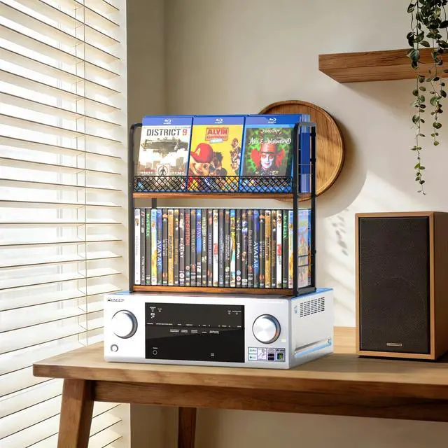 Alt view image 6 of 6 - 2-Tier DVD Storage Rack, DVD Shelf, DVD Holder Organizer with Display Top Shelf & Non-slip Pads, Stores Up to 56 DVDs, Retro DVD Stand Tower for Music Enthusiasts, Collection