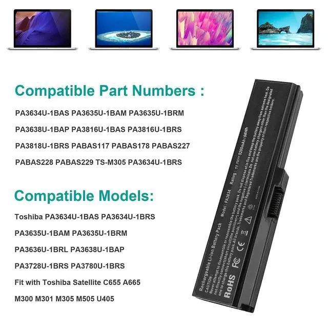 Alt view image 5 of 7 - PA3634U-1BAS Laptop Battery for Toshiba Satellite A665 C655 L645 L645D L650 L650D L655 L655D L670 L675 M300 M301 M305 M505 U405, p/n PABAS228 PA3634U-1BRS PA3635U-1BAM PA3636U-1BRS PA3635U-1BRM