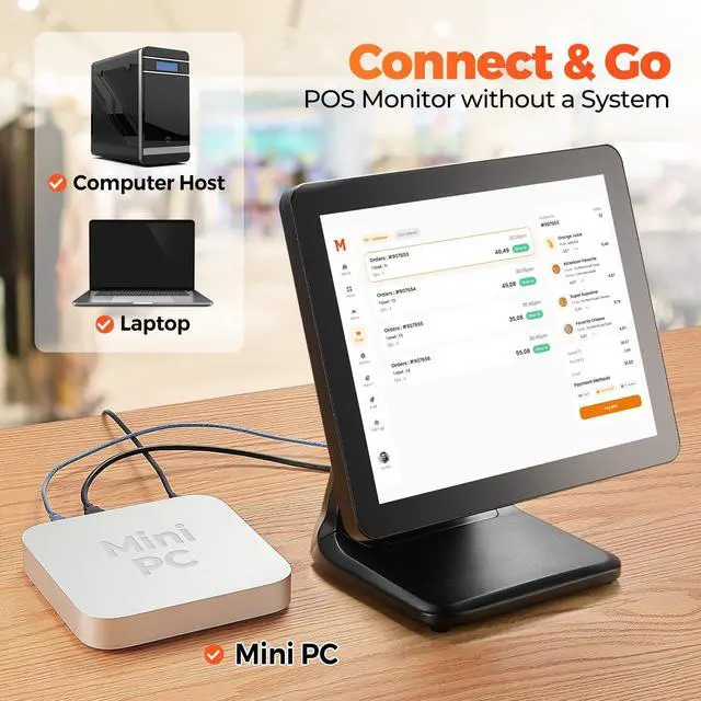 Alt view image 2 of 7 - 15-inch POS Touch Screen Monitor, True Flat Seamless POS Monitor, Heavy-Duty Metal Stand, HDMI/VGA Capacitive Screen Display for Retail Restaurant, Bar, No Driver Required, 2Y Protection