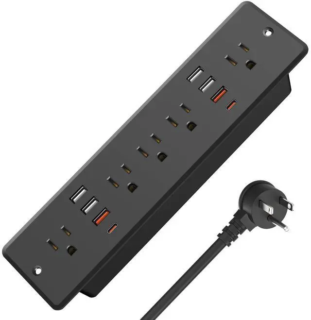 Main image of 13 in 1 Recessed Power Strip Flat Plug, with USB, Black, 6FT Cord | 20W Fast Charging Furniture Outlet, Conference Surge Protection Socket with 5 AC Plugs, 6 USB-A 2 USB-C