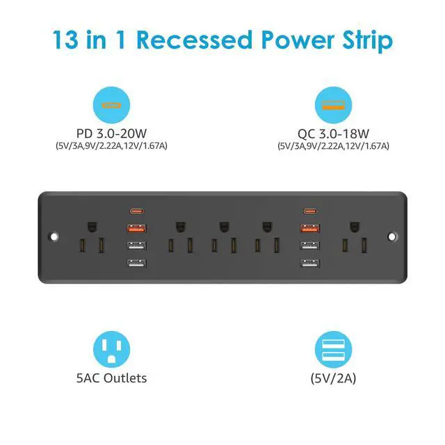 Alt view image 2 of 7 - 13 in 1 Recessed Power Strip Flat Plug, with USB, Black, 6FT Cord | 20W Fast Charging Furniture Outlet, Conference Surge Protection Socket with 5 AC Plugs, 6 USB-A 2 USB-C
