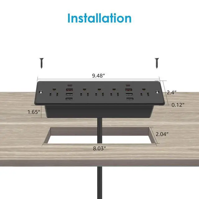 Alt view image 3 of 7 - 13 in 1 Recessed Power Strip Flat Plug, with USB, Black, 6FT Cord | 20W Fast Charging Furniture Outlet, Conference Surge Protection Socket with 5 AC Plugs, 6 USB-A 2 USB-C