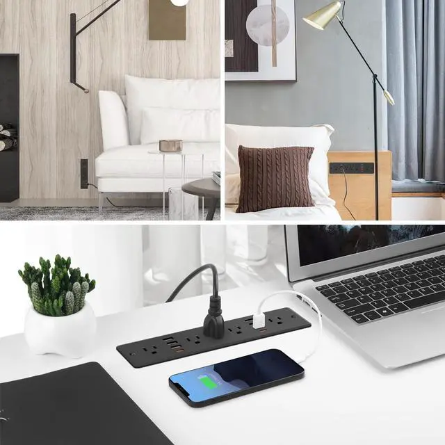Alt view image 7 of 7 - 13 in 1 Recessed Power Strip Flat Plug, with USB, Black, 6FT Cord | 20W Fast Charging Furniture Outlet, Conference Surge Protection Socket with 5 AC Plugs, 6 USB-A 2 USB-C