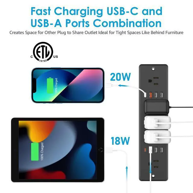 Alt view image 6 of 7 - 13 in 1 Recessed Power Strip Flat Plug, with USB, Black, 6FT Cord | 20W Fast Charging Furniture Outlet, Conference Surge Protection Socket with 5 AC Plugs, 6 USB-A 2 USB-C