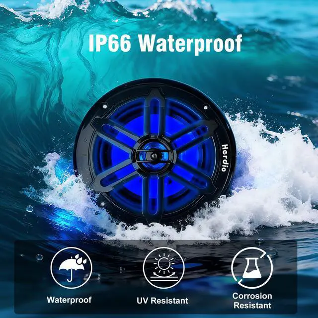 Alt view image 2 of 7 - 6.5" 350W Marine Speakers - IP66 Waterproof Coaxial Audio, with Blue LED Light for Boats, ATVs, UTVs with UV Resistant Black Grille (A Pair)