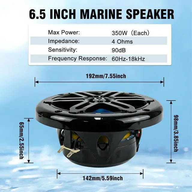 Alt view image 4 of 7 - 6.5" 350W Marine Speakers - IP66 Waterproof Coaxial Audio, with Blue LED Light for Boats, ATVs, UTVs with UV Resistant Black Grille (A Pair)