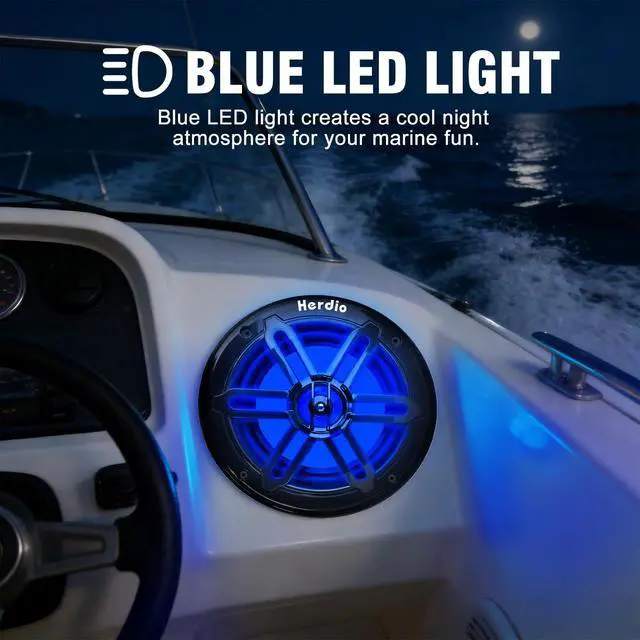 Alt view image 7 of 7 - 6.5" 350W Marine Speakers - IP66 Waterproof Coaxial Audio, with Blue LED Light for Boats, ATVs, UTVs with UV Resistant Black Grille (A Pair)