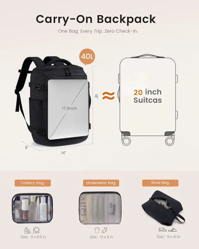 Alt view image 3 of 7 - Travel Backpack for Women & Men, 40L TSA Approved Carry On Backpack with 3 Packing Cubes, Waterproof Weekender Overnight Bag for 2-4 Day Trips, Business & Travel Essentials, Black