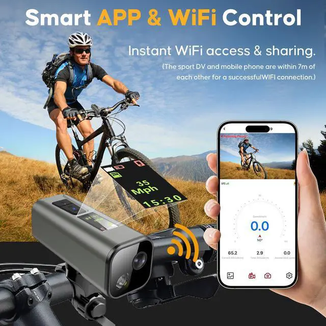 Alt view image 4 of 7 - Action Camera for Bike 4K 30fps with GPS Tracker, Bicycle Dash Cam | IP65 Waterproof, Anti-Shake Sport DV, Wireless Motorcycle Cycling Speedometer and Odometer, Free 64G Card, Computer with APP