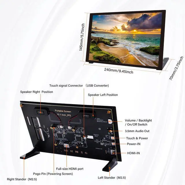 Alt view image 2 of 7 - 10.1 inch Capacitive Touchscreen for Raspberry Pi, HDMI Monitor IPS 1280X800 LCD Display with Dual-Speaker for Raspberry Pi 5/4B/3B+/3B/B+, with Mount Hole to Install Raspberry Pi Board
