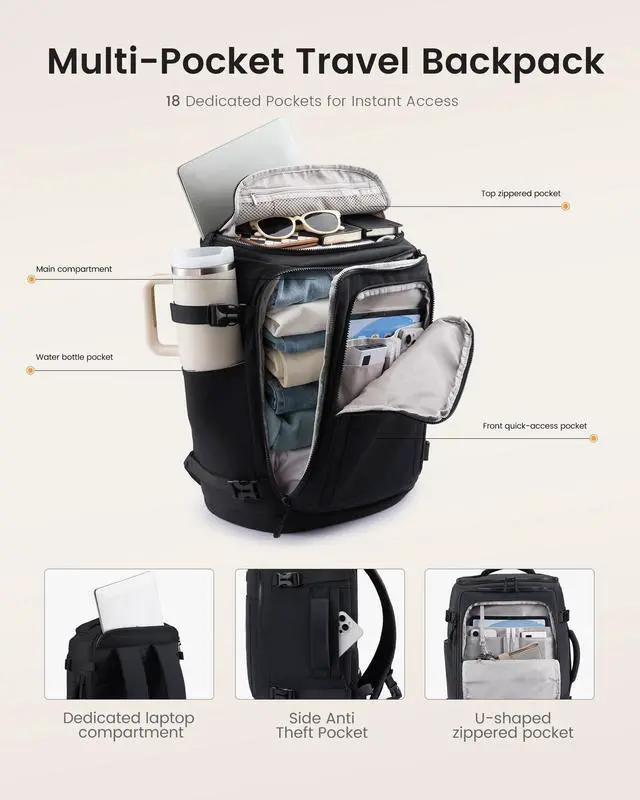 Alt view image 5 of 7 - Travel Backpack for Women & Men, 40L TSA Approved Carry On Backpack with 3 Packing Cubes, Waterproof Weekender Overnight Bag for 2-4 Day Trips, Business & Travel Essentials, Black