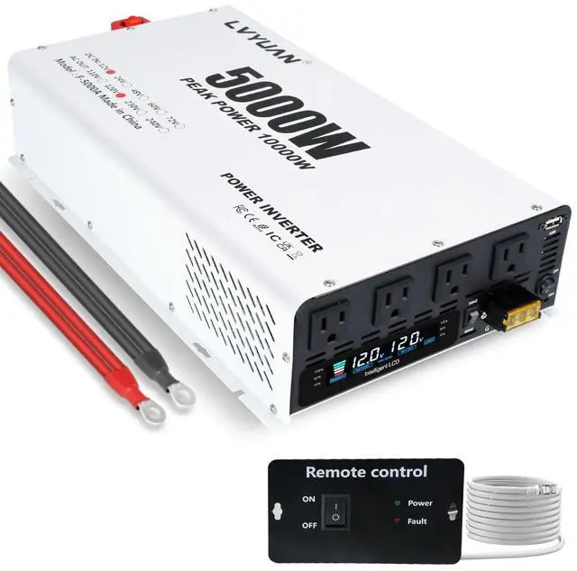 Main image of 5000 Watt Power Inverter 12V to 110V 120V DC to AC Converter with 4 AC Outlets, LCD Display, USB Charge Port, Remote Control for Home RV Vehicle Outdoor Camping Car Power Inverter