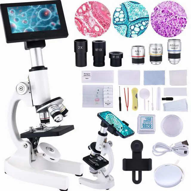 Main image of Microscope 40X-2500X Magnification with 4.3-inch Display, Wide-Angle 10X and 25X eyepieces, and Built-in 5-megapixel Camera for School Labs, Animal Husbandry (White)