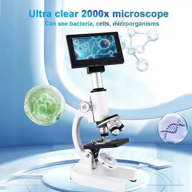 Alt view image 4 of 7 - Microscope 40X-2500X Magnification with 4.3-inch Display, Wide-Angle 10X and 25X eyepieces, and Built-in 5-megapixel Camera for School Labs, Animal Husbandry (White)
