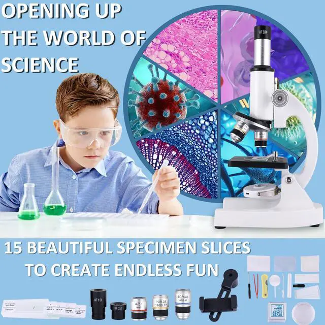 Alt view image 7 of 7 - Microscope 40X-2500X Magnification with 4.3-inch Display, Wide-Angle 10X and 25X eyepieces, and Built-in 5-megapixel Camera for School Labs, Animal Husbandry (White)