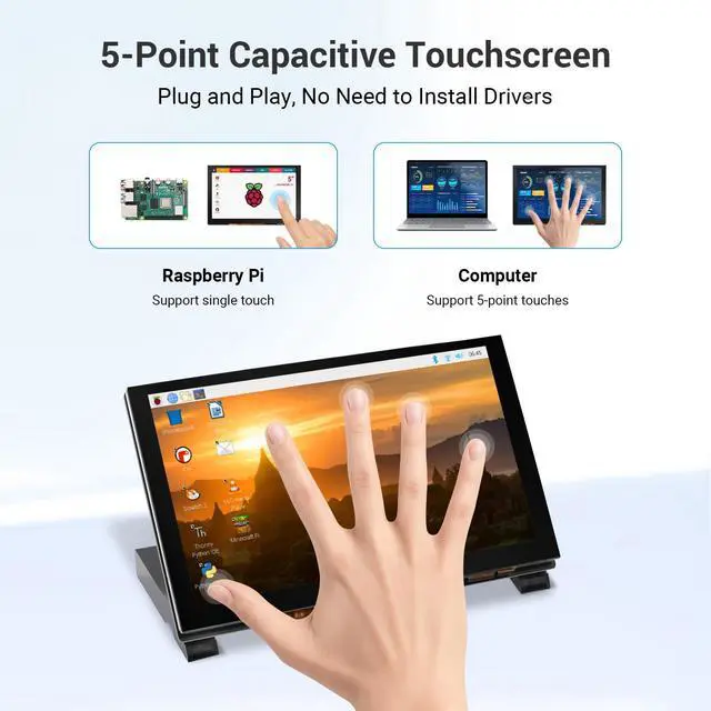 Alt view image 2 of 7 - 5 Inch Touchscreen Monitor for Raspberry Pi, 1024X600 Touch Screen | Display Monitor with Acrylic Stand Compatible with Raspberry Pi 5/4/3, Banana Pi, Jetson Nano, Plug and Play