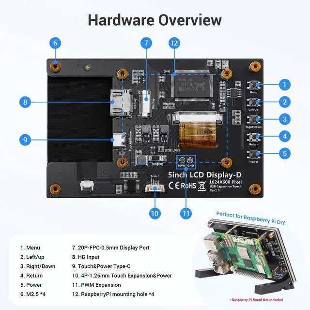 Alt view image 7 of 7 - 5 Inch Touchscreen Monitor for Raspberry Pi, 1024X600 Touch Screen | Display Monitor with Acrylic Stand Compatible with Raspberry Pi 5/4/3, Banana Pi, Jetson Nano, Plug and Play