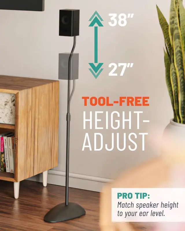 Alt view image 2 of 7 - Universal Speaker Stands - Height Adjustable with Universal Compatibility - Works with Vizio, Klipsch, Bose & More - Includes Built-in Cable Management - Great for Rear Surround Sound - Pair