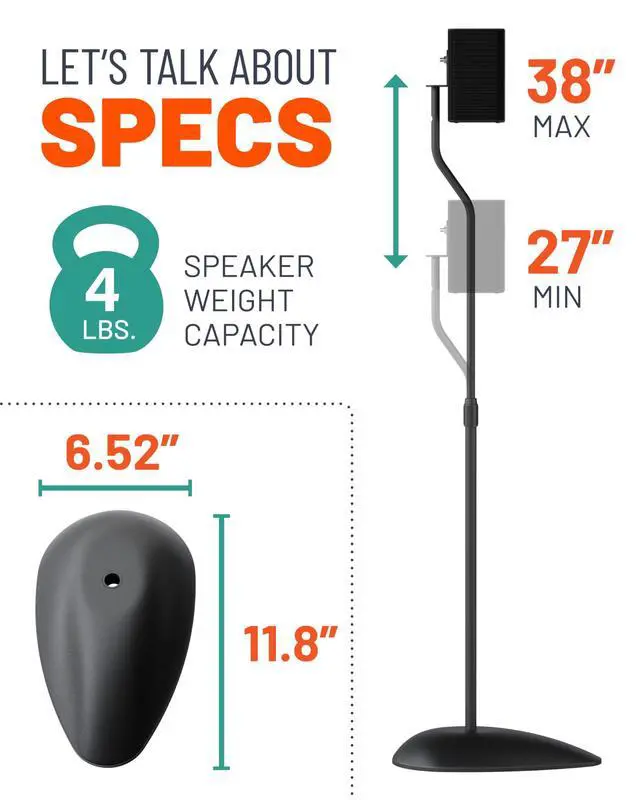 Alt view image 7 of 7 - Universal Speaker Stands - Height Adjustable with Universal Compatibility - Works with Vizio, Klipsch, Bose & More - Includes Built-in Cable Management - Great for Rear Surround Sound - Pair