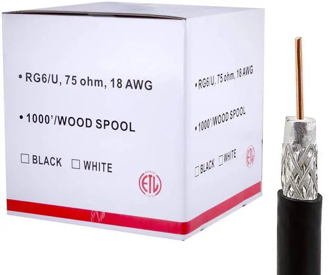 Main image of Cable RG6 UTP 1000 ft Shielded Coaxial Cable ETL Listed for use with Audio, Video, and CATV/MATV Transmission. Black (1000 Ft, Black)