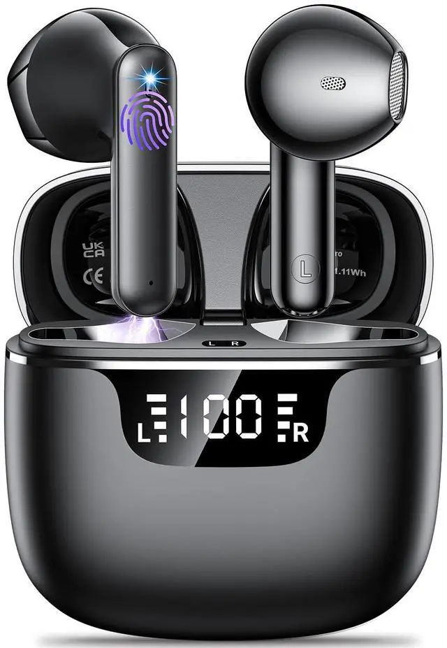 Main image of Wireless Earbuds, Bluetooth 5.4 Headphones with 42H Ultralight Ear Buds, Bluetooth Earbuds with 4 ENC Noise Cancelling Mics, HiFi Deep Bass Dual LED Display USB-C, IPX6 Waterproof Earphones Black