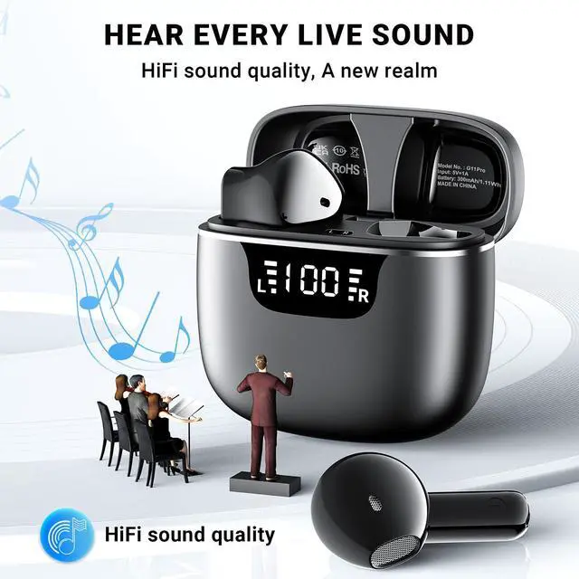 Alt view image 2 of 7 - Wireless Earbuds, Bluetooth 5.4 Headphones with 42H Ultralight Ear Buds, Bluetooth Earbuds with 4 ENC Noise Cancelling Mics, HiFi Deep Bass Dual LED Display USB-C, IPX6 Waterproof Earphones Black