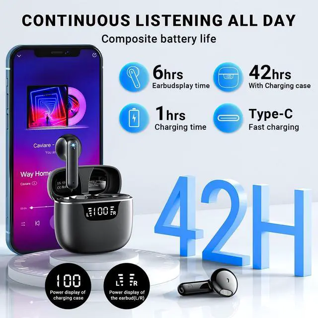Alt view image 4 of 7 - Wireless Earbuds, Bluetooth 5.4 Headphones with 42H Ultralight Ear Buds, Bluetooth Earbuds with 4 ENC Noise Cancelling Mics, HiFi Deep Bass Dual LED Display USB-C, IPX6 Waterproof Earphones Black