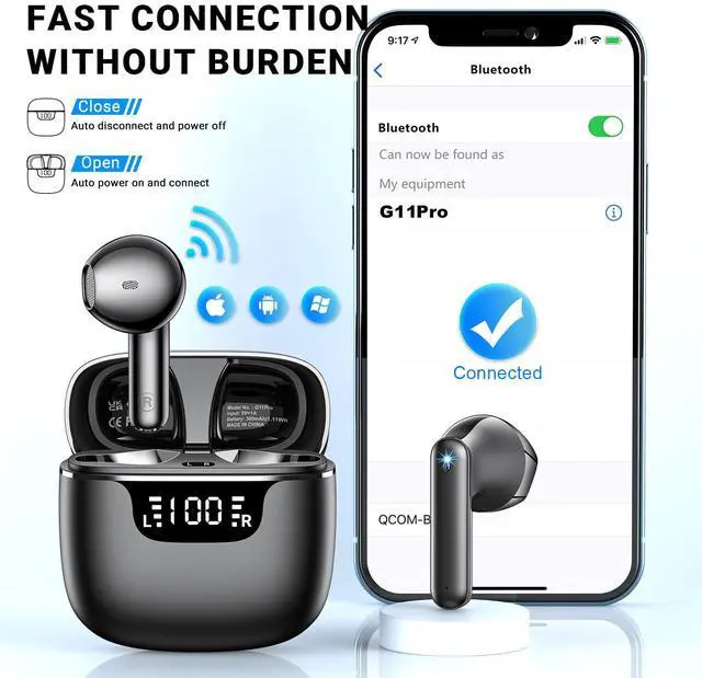 Alt view image 5 of 7 - Wireless Earbuds, Bluetooth 5.4 Headphones with 42H Ultralight Ear Buds, Bluetooth Earbuds with 4 ENC Noise Cancelling Mics, HiFi Deep Bass Dual LED Display USB-C, IPX6 Waterproof Earphones Black