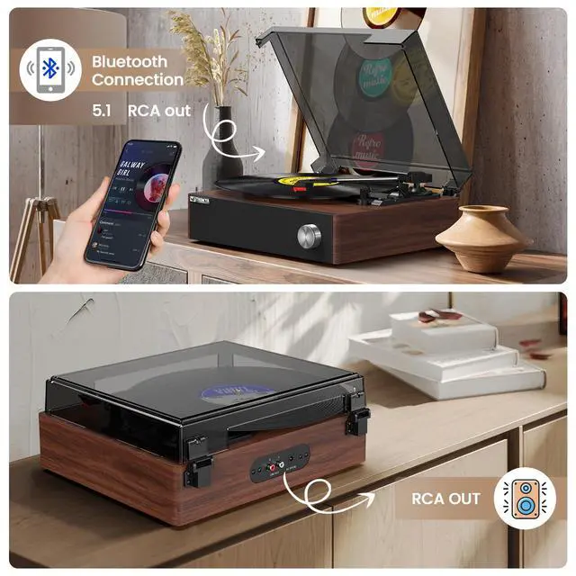 Alt view image 3 of 7 - Record Player with Built-in Speakers, Bluetooth Turntable | 3-Speed Retro Vintage Record Player with Auto-Stop, RCA Output, Stable TonearmHome Audio&Gift for Music Lovers