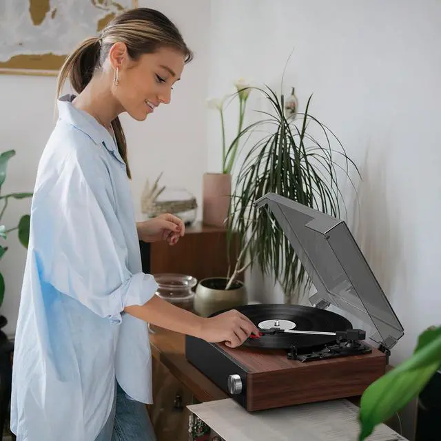 Alt view image 4 of 7 - Record Player with Built-in Speakers, Bluetooth Turntable | 3-Speed Retro Vintage Record Player with Auto-Stop, RCA Output, Stable TonearmHome Audio&Gift for Music Lovers
