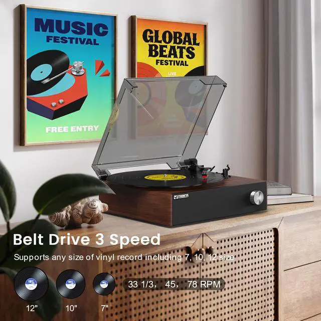 Alt view image 6 of 7 - Record Player with Built-in Speakers, Bluetooth Turntable | 3-Speed Retro Vintage Record Player with Auto-Stop, RCA Output, Stable TonearmHome Audio&Gift for Music Lovers