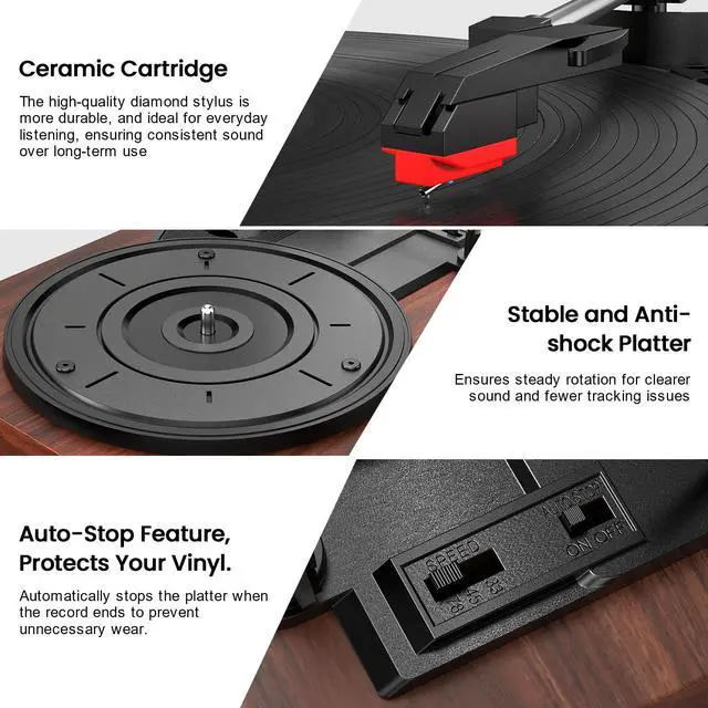 Alt view image 7 of 7 - Record Player with Built-in Speakers, Bluetooth Turntable | 3-Speed Retro Vintage Record Player with Auto-Stop, RCA Output, Stable TonearmHome Audio&Gift for Music Lovers