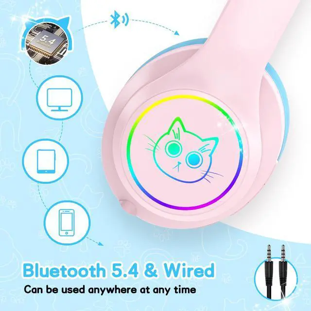 Alt view image 2 of 6 - Kids Bluetooth Headphones,Over Ear Kids Headphones Wireless with Mic 50H Playtime Colorful LED Lights AUX Cord 94dB Safe Volume Limited Foldable Design for Boy Girl Travel/School/iPad