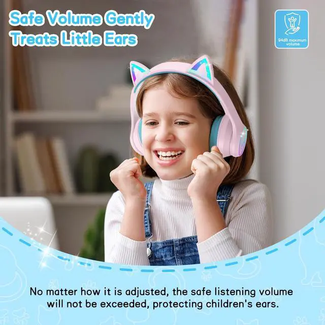 Alt view image 3 of 6 - Kids Bluetooth Headphones,Over Ear Kids Headphones Wireless with Mic 50H Playtime Colorful LED Lights AUX Cord 94dB Safe Volume Limited Foldable Design for Boy Girl Travel/School/iPad
