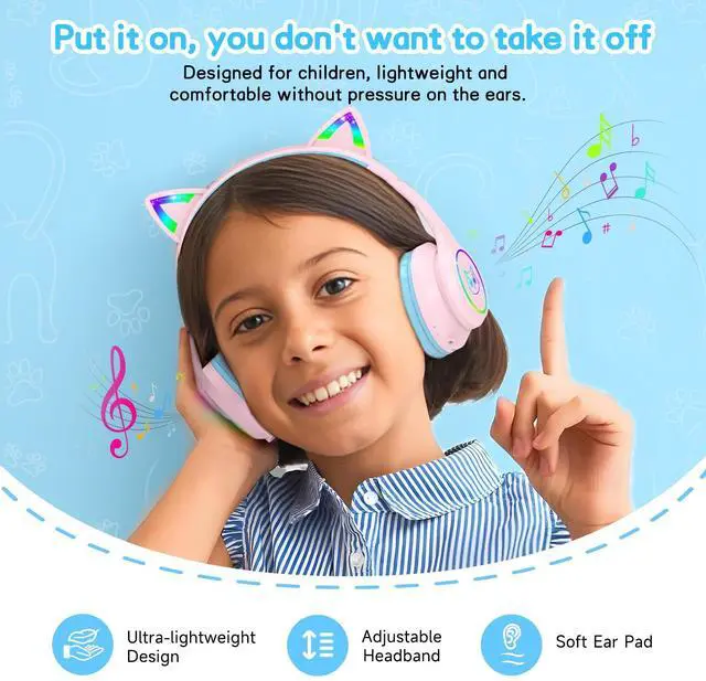 Alt view image 4 of 6 - Kids Bluetooth Headphones,Over Ear Kids Headphones Wireless with Mic 50H Playtime Colorful LED Lights AUX Cord 94dB Safe Volume Limited Foldable Design for Boy Girl Travel/School/iPad