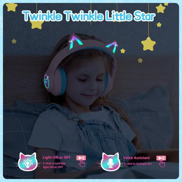 Alt view image 5 of 6 - Kids Bluetooth Headphones,Over Ear Kids Headphones Wireless with Mic 50H Playtime Colorful LED Lights AUX Cord 94dB Safe Volume Limited Foldable Design for Boy Girl Travel/School/iPad