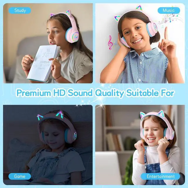 Alt view image 6 of 6 - Kids Bluetooth Headphones,Over Ear Kids Headphones Wireless with Mic 50H Playtime Colorful LED Lights AUX Cord 94dB Safe Volume Limited Foldable Design for Boy Girl Travel/School/iPad