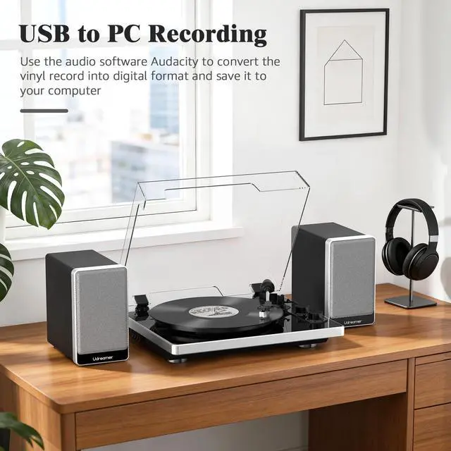 Alt view image 4 of 7 - Viny Record Player with 2 External Speakers and 2 Bluetooth Modes,Turntable with ATN-3600 Stylus,Pitch,USB Recording,RCA and AUTO Stop for Vinyl Records