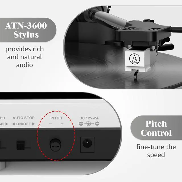 Alt view image 6 of 7 - Viny Record Player with 2 External Speakers and 2 Bluetooth Modes,Turntable with ATN-3600 Stylus,Pitch,USB Recording,RCA and AUTO Stop for Vinyl Records