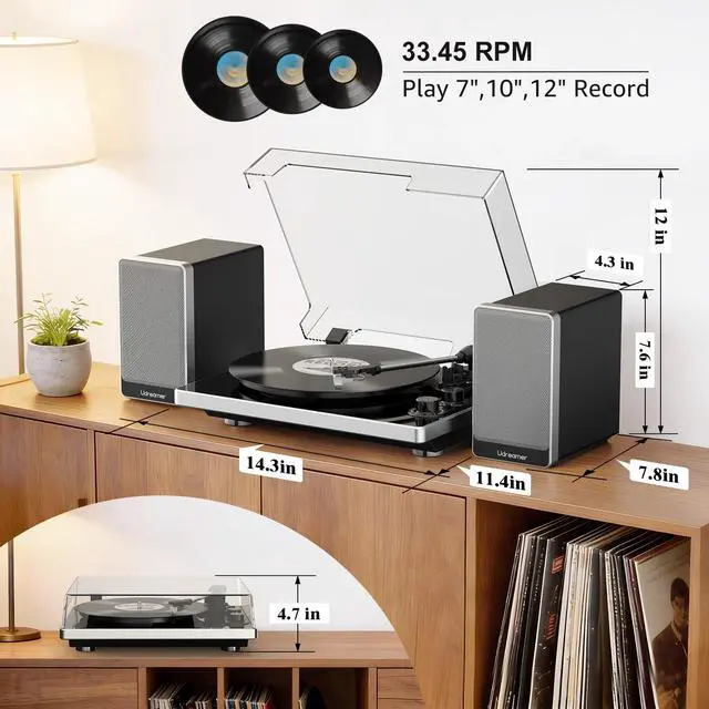 Alt view image 7 of 7 - Viny Record Player with 2 External Speakers and 2 Bluetooth Modes,Turntable with ATN-3600 Stylus,Pitch,USB Recording,RCA and AUTO Stop for Vinyl Records