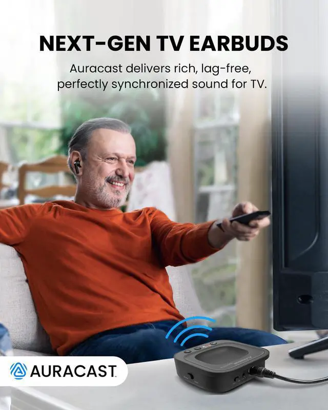 Alt view image 2 of 7 - Aura Focus Auracast Wireless TV Earbuds with Transmitter | Work with Auracast Hearing Aids, Dual Mode for TV & Phone Calls, Charging Dock, Volume Boost for Seniors & Hard of Hearing